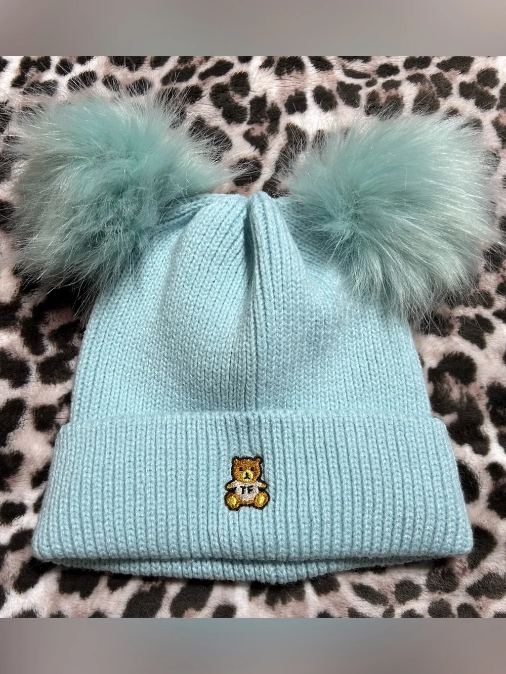 Teddy Fresh Light Blue Knit Double Pom Beanie with Bear Patch